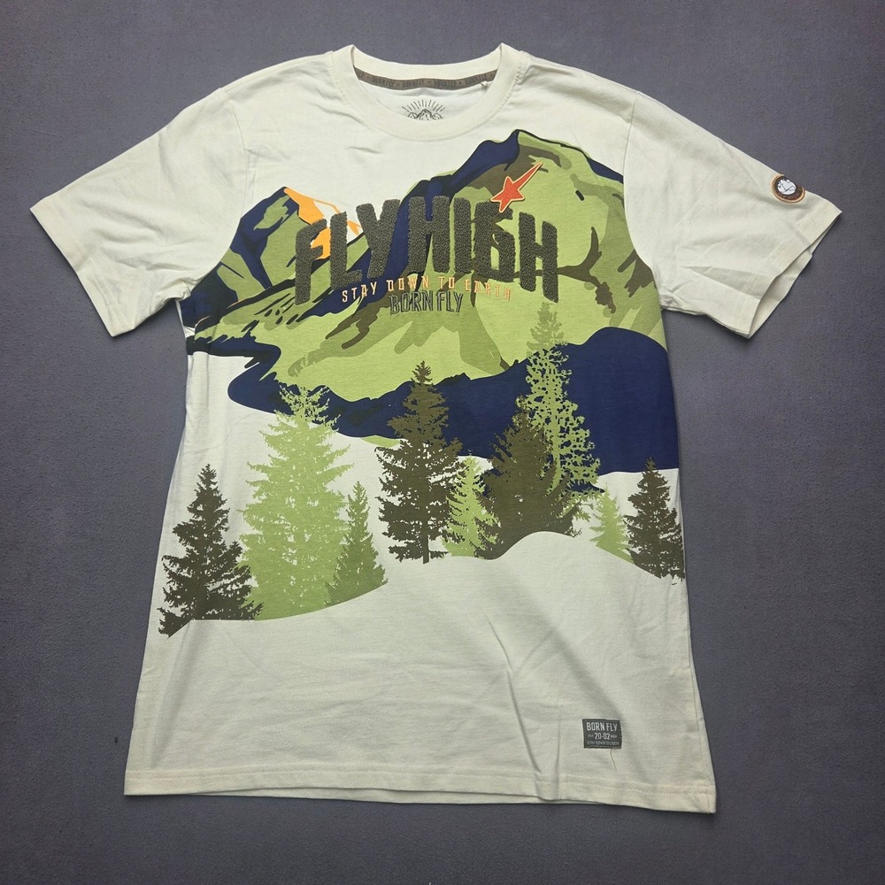 Born Fly Fly High Stay Down To Earth Mountain Graphic Tee Shirt Cream Mens M